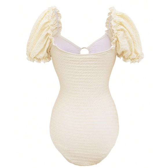 Textured Ruffle Puff Sleeve Cut out Monokini One Piece Swimsuit - Picture 7 of 9